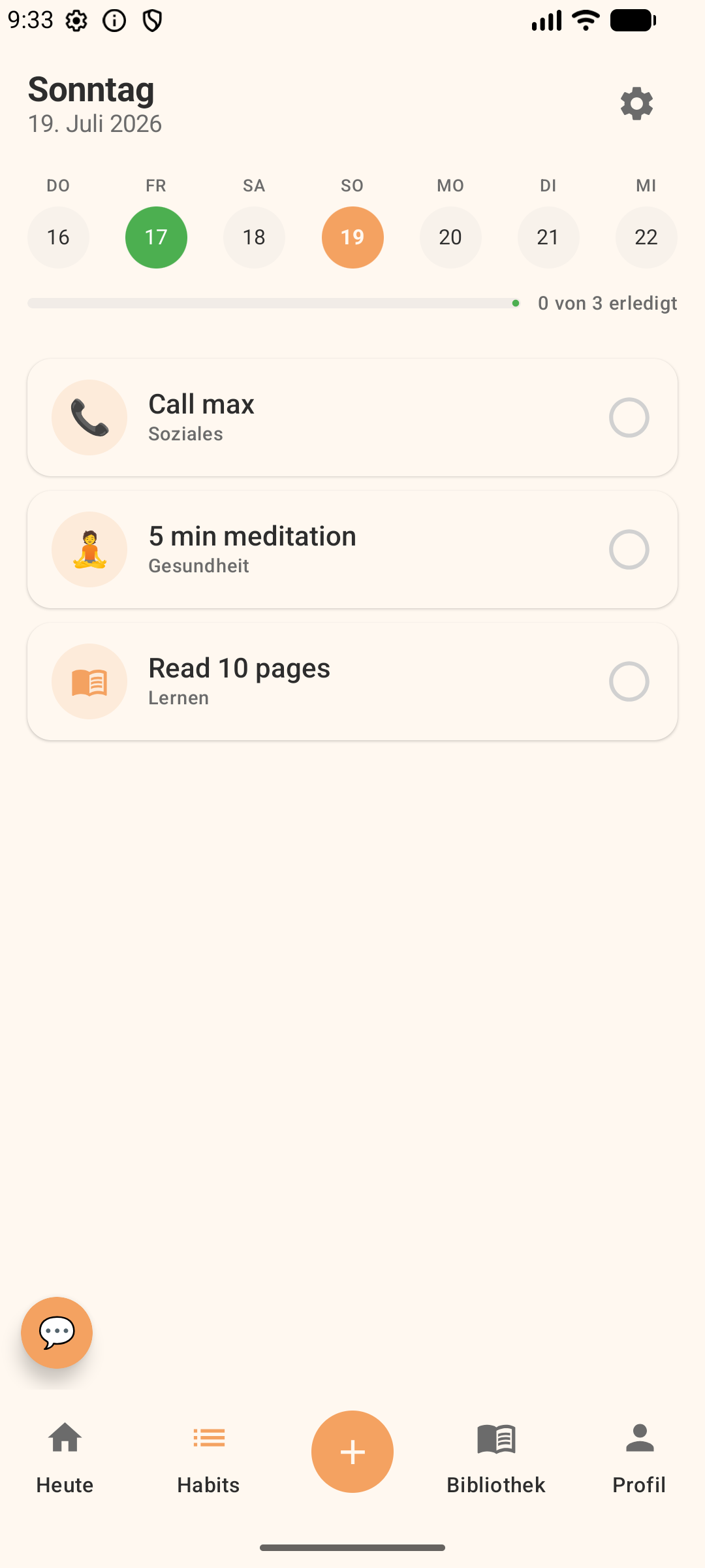 Heute-Screen der App What Should I Do? mit Gewohnheiten und Wochenübersicht